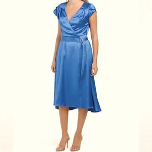 TAHARI NWT Blue Belted Satin Midi Dress